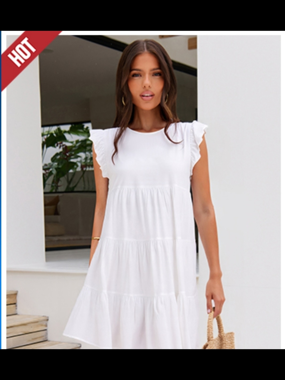 Casual White Ruffle Sleeve Tiered Mini Dress